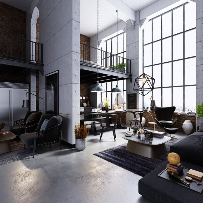 Industrial living room style windows decor ideas factory ceiling high designing two concrete