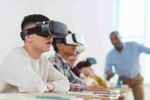 Vr reality technologie studenten hoofdtelefoon klaslokaal