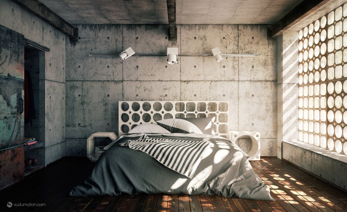 Industrial style bedroom with reclaimed wood