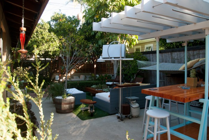 Outdoor garden with industrial elements