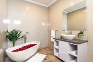 Minimalist bathroom with freestanding tub